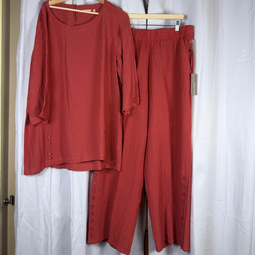 Soft Surroundings Oceo Gauze Wide Leg Pants & Tunic Set Tandoori Spice XL 2EW35